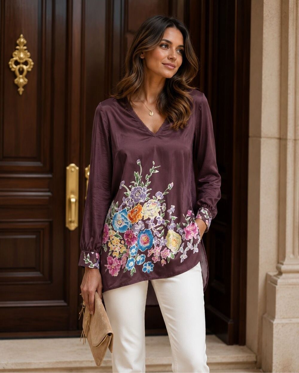 NWOT Johnny Was Silk Blend Floral Tunic Blouse | Plum Boho Sleeve Tab V-neck Tun